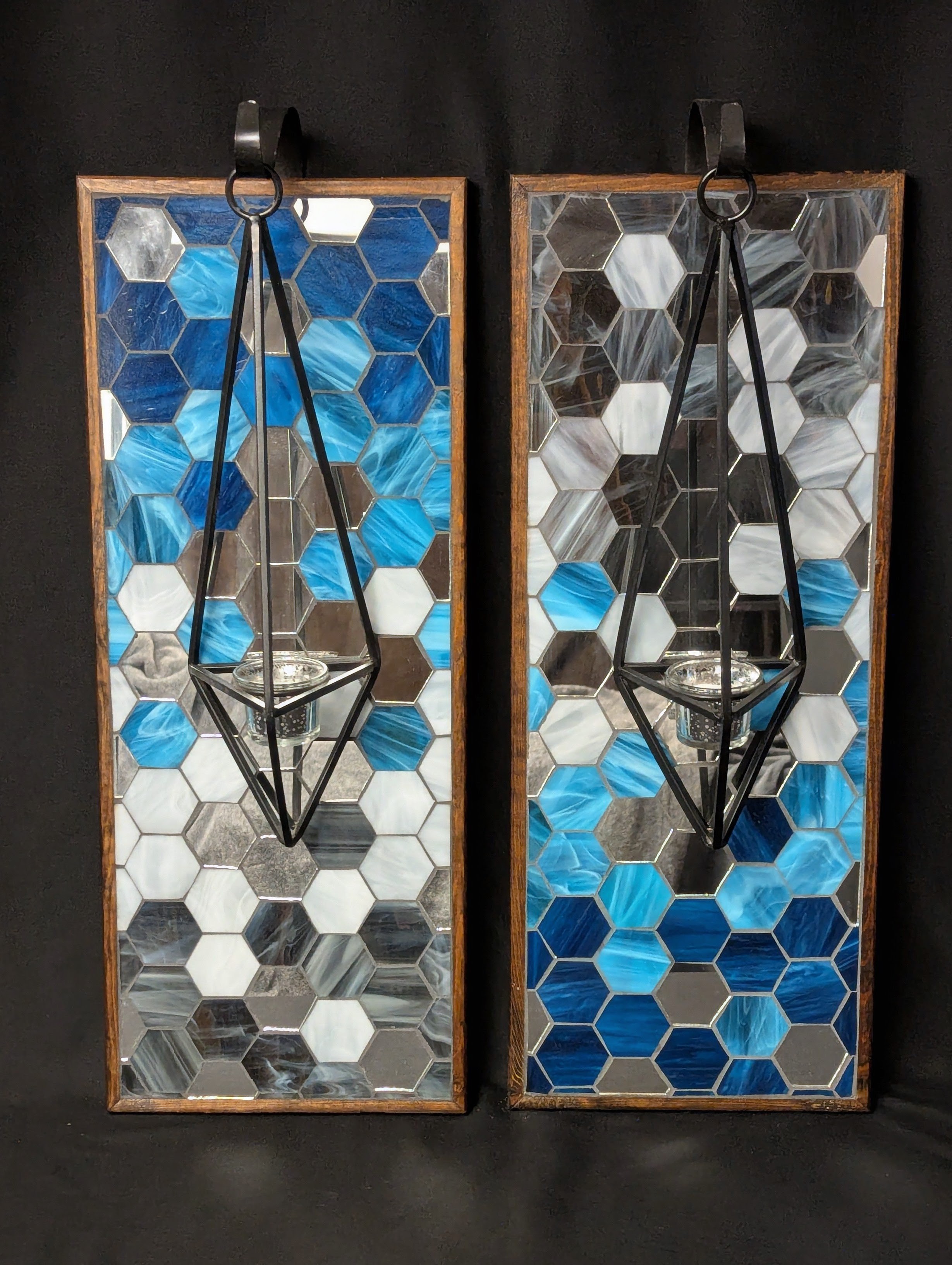 Custom Blue and Black Stained Glass Hexagonal Sconce, American made