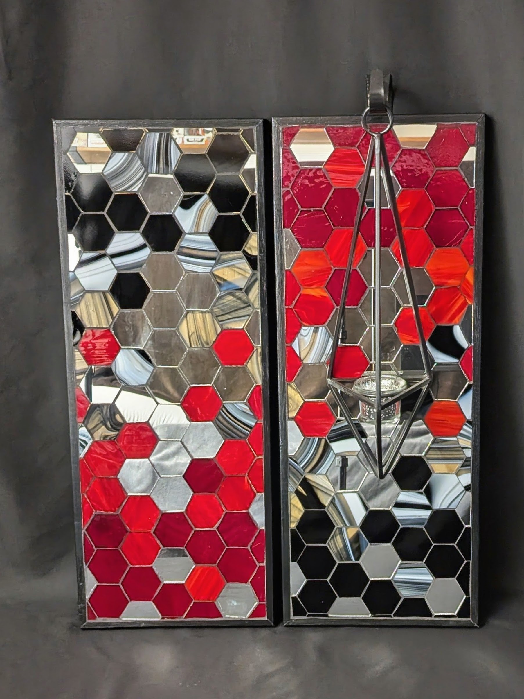 Custom Red and Black Stained Glass Hexagonal Sconce, American made